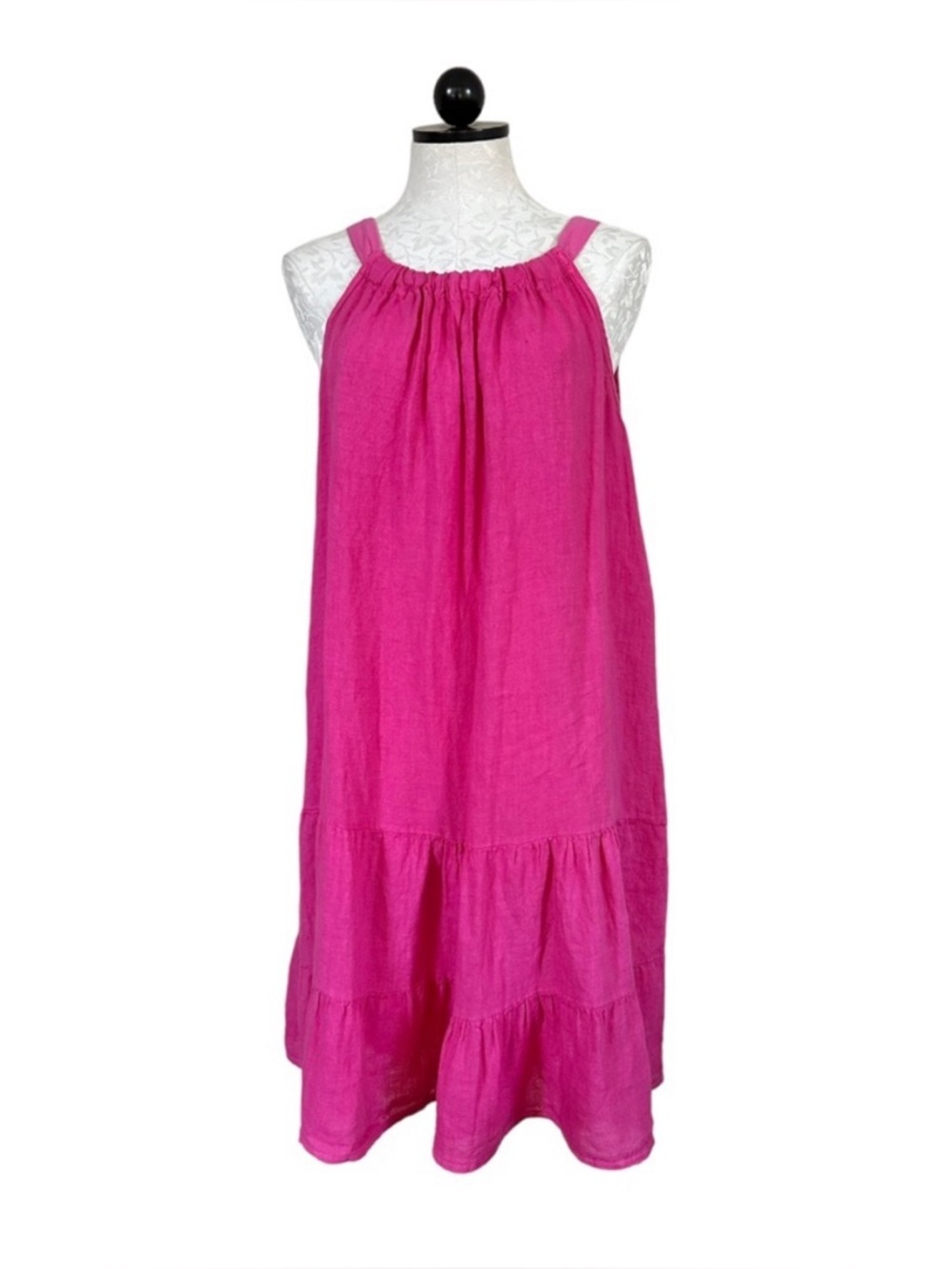 Bellambia Italian 100% Linen Summer Dress Pink Tiered Sleeveless Halter Size S